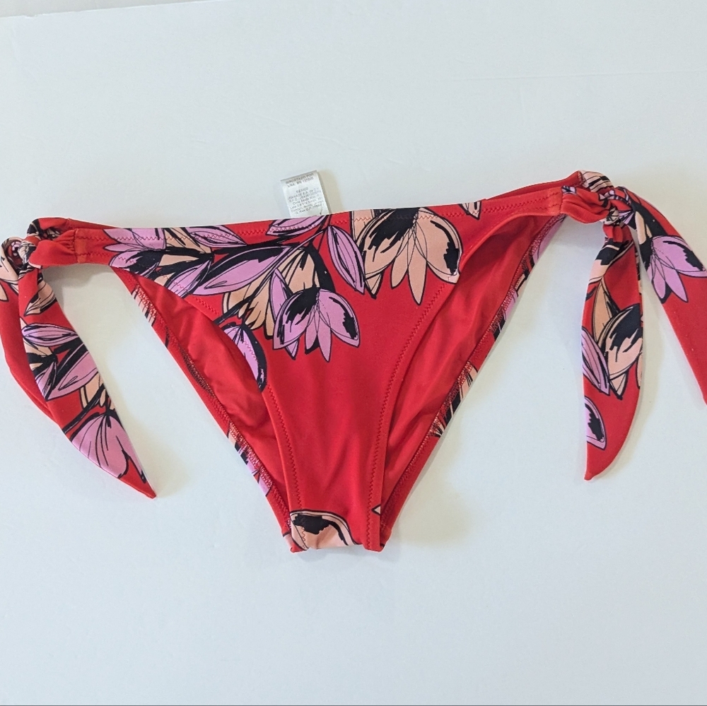 Zingara Floral Print Side Tie Bikini Bottoms Red Tropical Lined Size 8
